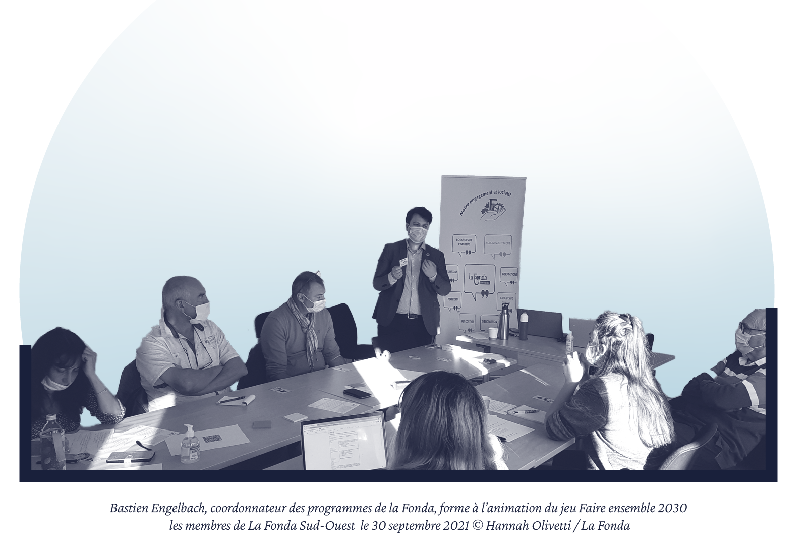 Bastien Engelbach, coordonnateur des programmes de la Fonda, forme à l’animation du jeu Faire ensemble 2030 les membres de La Fonda Sud-Ouest le 30 septembre 2021 © Hannah Olivetti / La Fonda